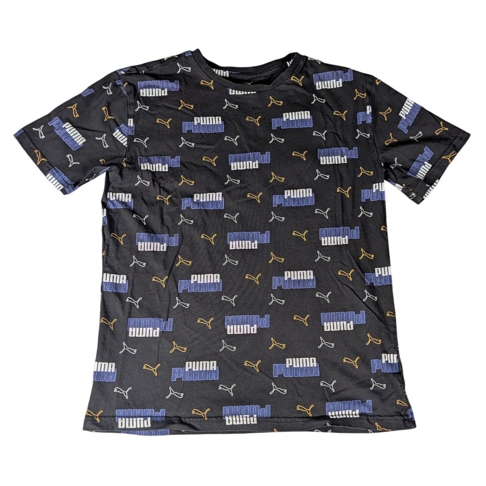 Puma Boys Black All Over Print Logo‎ Graphic Crew Neck Short Sleeve T-Shirt XL